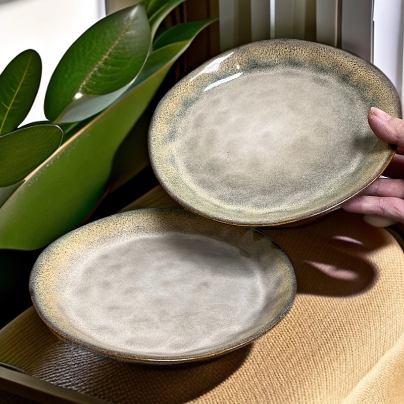 新品【2个】正品复古盘子陶瓷辣3614创意手捏锤纹家用菜盘意面盘