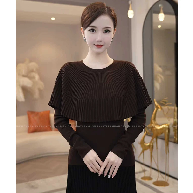 2025年秋冬新款【8208】斗篷含绵羊毛假两件洋气摩卡棕针织衫毛衣女