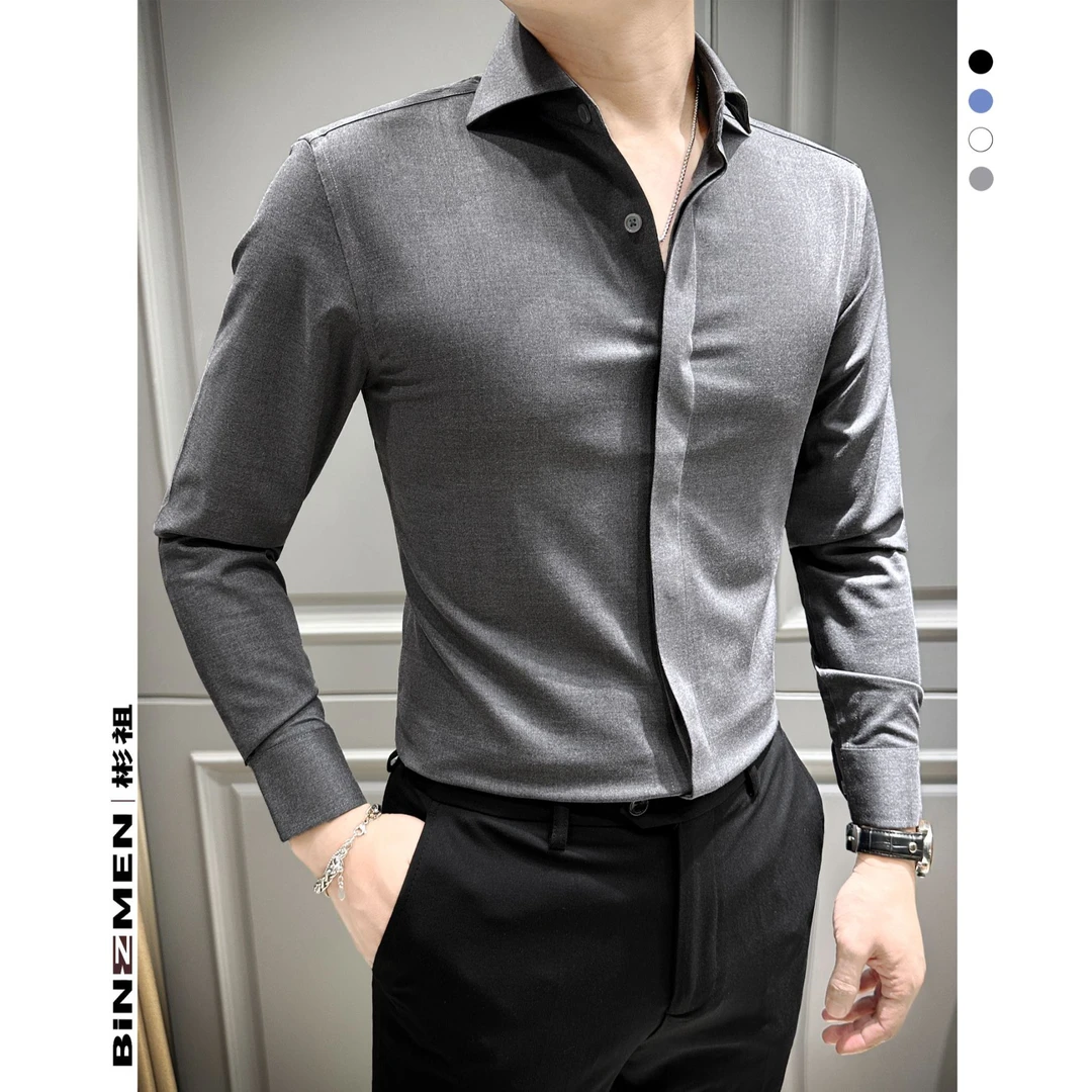高档商务温莎领男士衬衣纯色意式长袖衫纯色职业休闲男正装秋冬