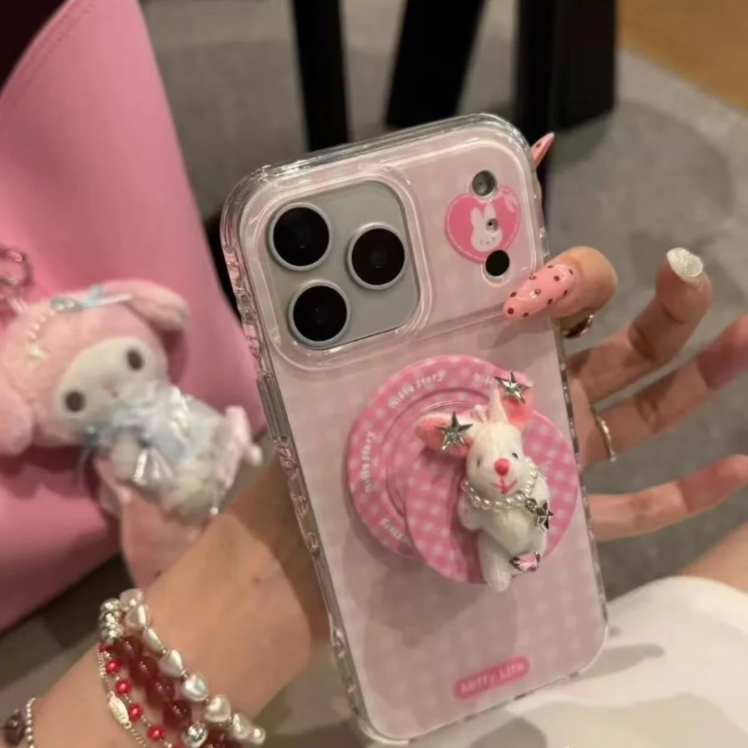 粉白格子爱心兔磁吸适用iPhone17promax手机壳苹果16Pro少女15/14