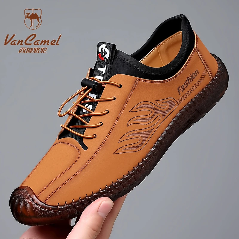 西域骆驼皮鞋男2025新款商务休闲鞋真皮男鞋软皮牛筋底豆豆鞋春秋