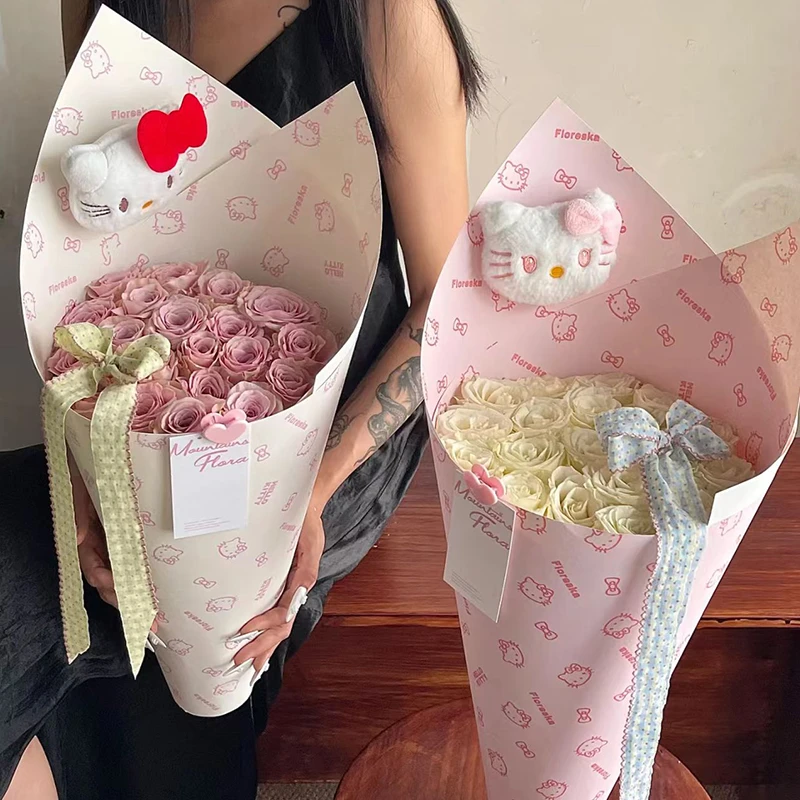 花屿七夕Hellokitty一体成型甜筒花束包装纸鲜花花艺手工diy材料