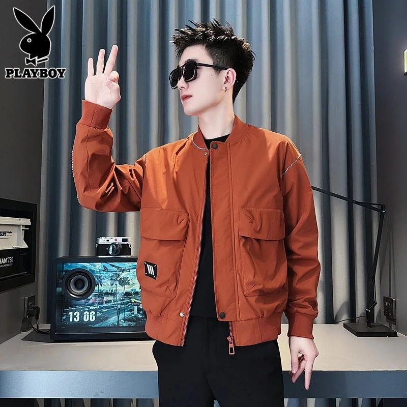 花花公子棒球领夹克男士秋季潮流工装飞行员短款休闲外套男春秋款