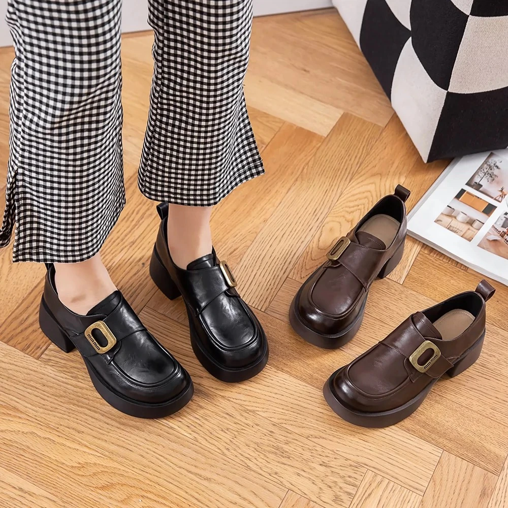 粗跟小皮鞋春季新款魔术贴软皮软底乐福鞋C