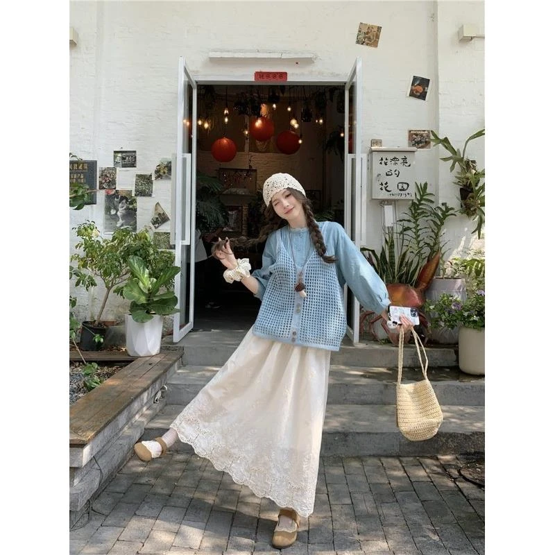 叠穿韩系气质套装女秋季2025新款镂空吊带蓝色长袖衬衫绣花半身裙