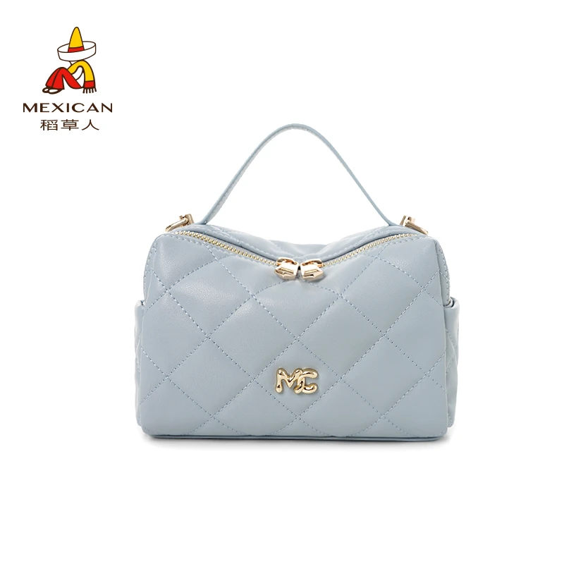 稻草人头层牛皮手拎包菱格小众百搭单肩时尚潮流斜挎包