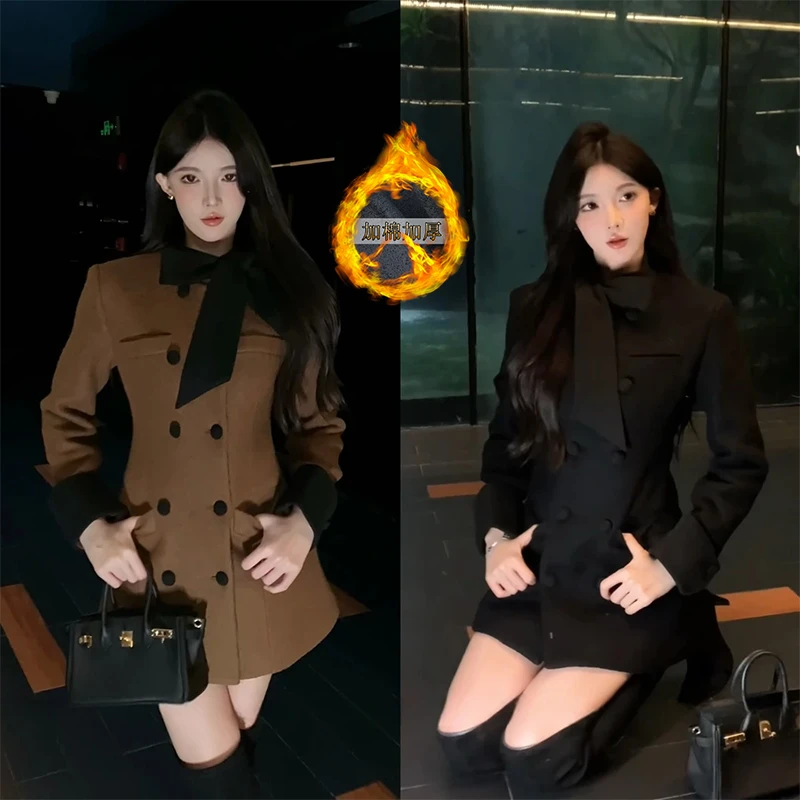 【加棉加厚】2024新款冬季撞色飘带加棉毛呢显瘦连衣裙外套9339