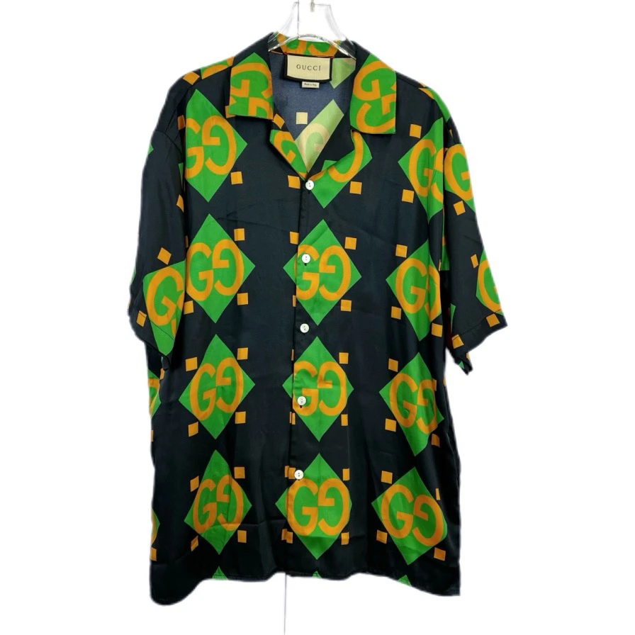 99新/Gucci/古驰/S码/双GLogo老花满印真丝短袖衬衫/010341