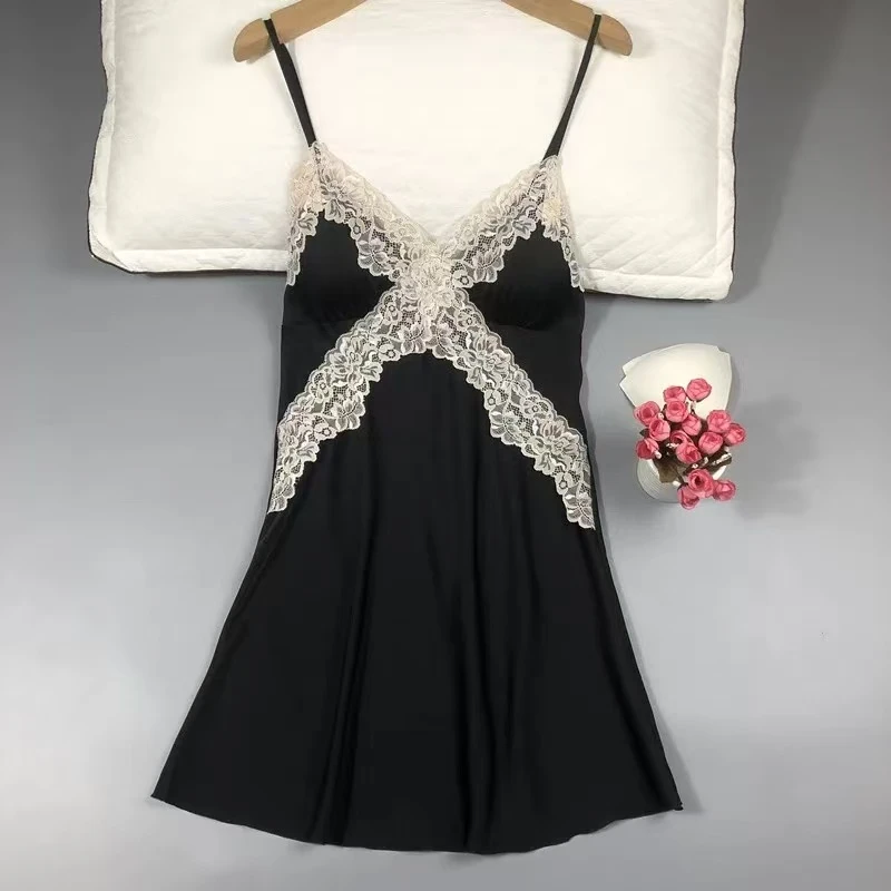 睡裙女性感吊带V领蕾丝露背纯色薄款带胸垫家居服新年纯色长裙