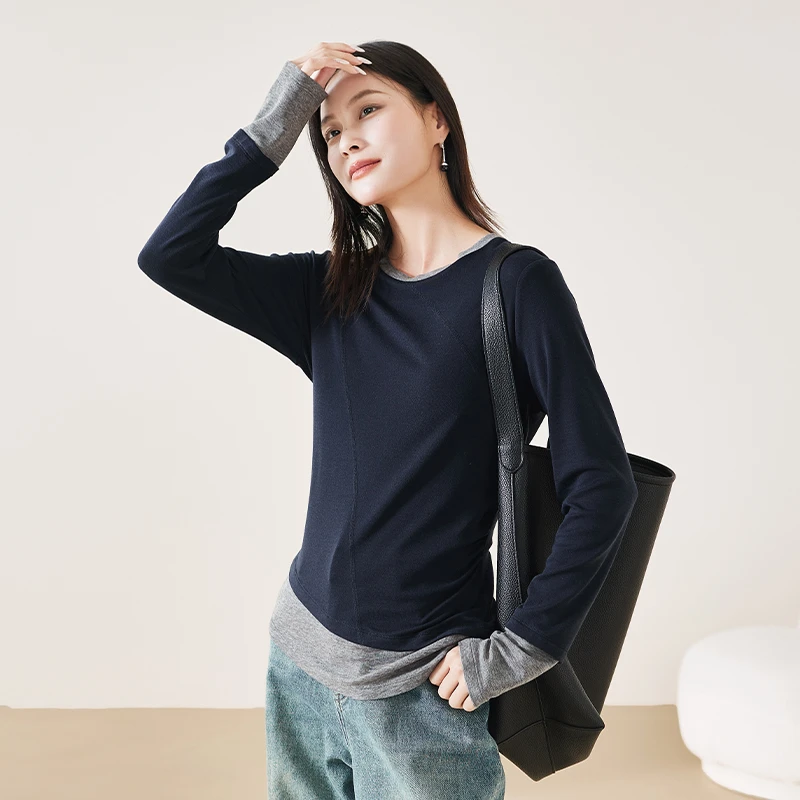 索菲丝尔【莱赛尔羊毛】撞色假两件长袖打底衫女2025春季上衣517025