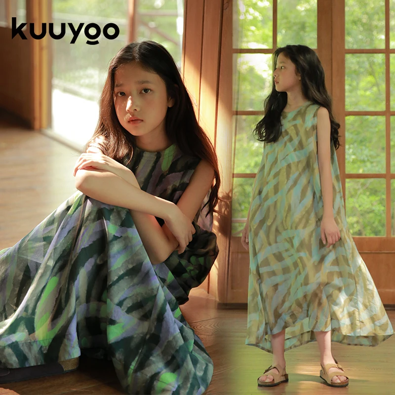 KUUYOO摇曳水草连衣裙夏季中大童透气背心裙儿童轻薄长裙