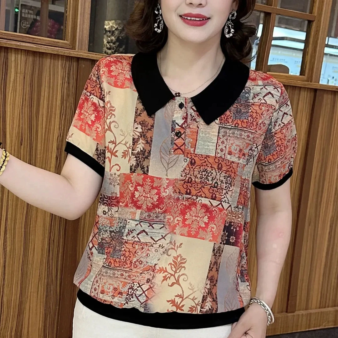 夏季休闲妈妈短袖T恤新款时尚洋气提花衬衣宽松显瘦减龄小衫女