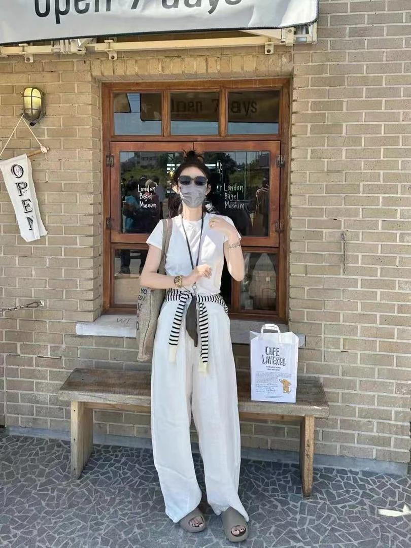 韩国东大门～白色阔腿2025秋季高腰垂感直筒慵懒宽松休闲裤