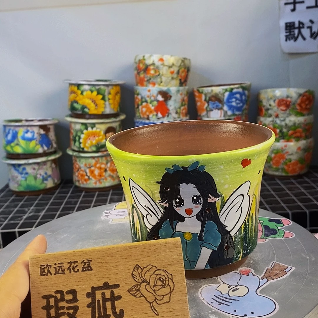 紫砂花盆红陶手绘花盆