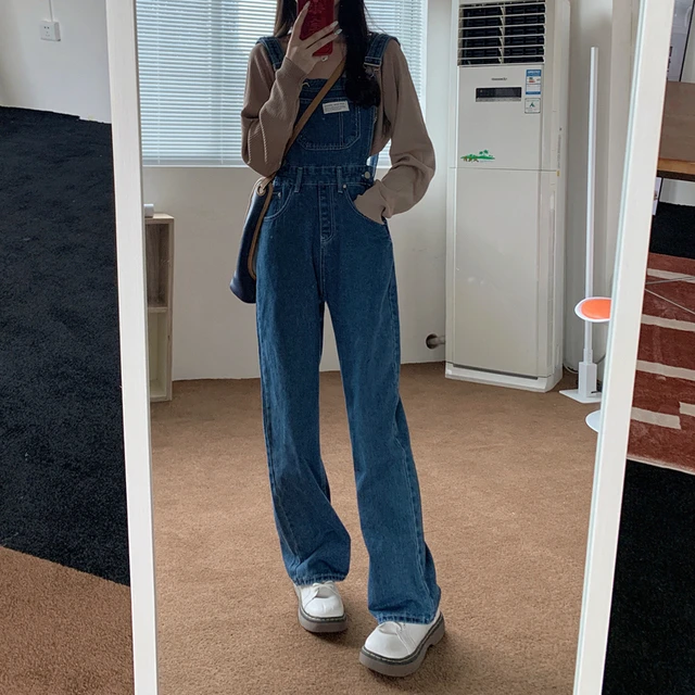 大码胖妹妹牛仔背带裤女春秋新款宽松显瘦直筒连体拖地阔腿长裤子
