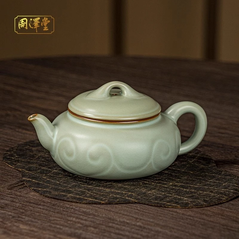 周泽堂祥云如意壶260ml泡茶壶家用景德镇汝瓷茶壶单壶礼盒装开片