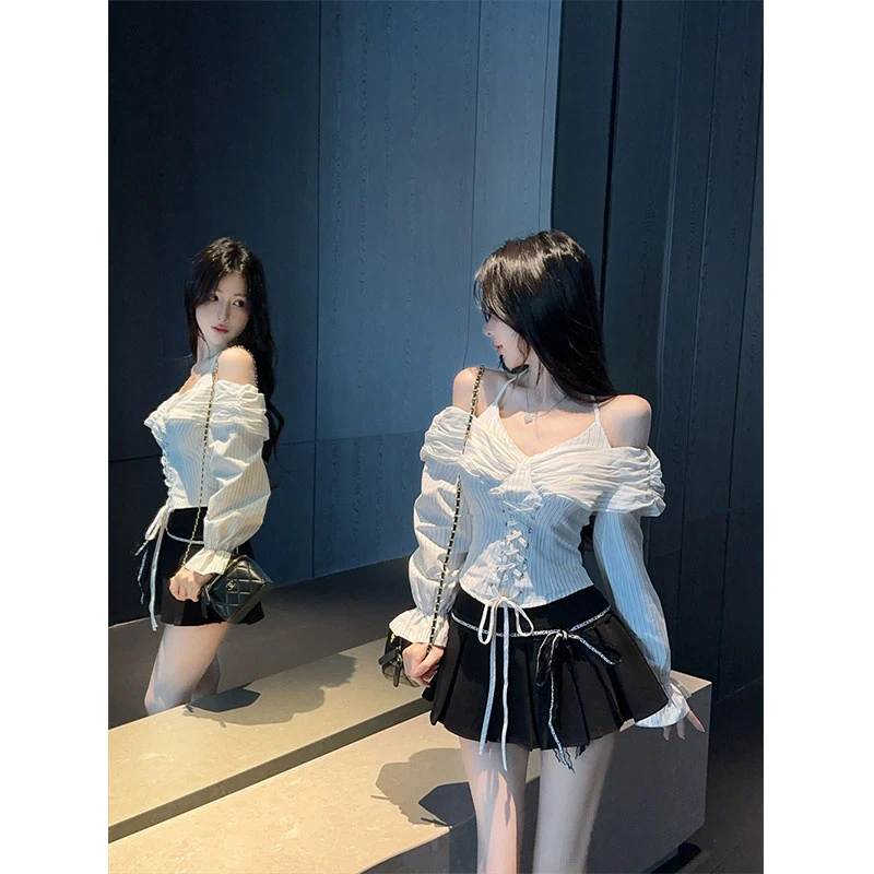 2025秋季新款辣妹长袖上衣设计感V领一字肩系带衬衣+高腰短裙套装