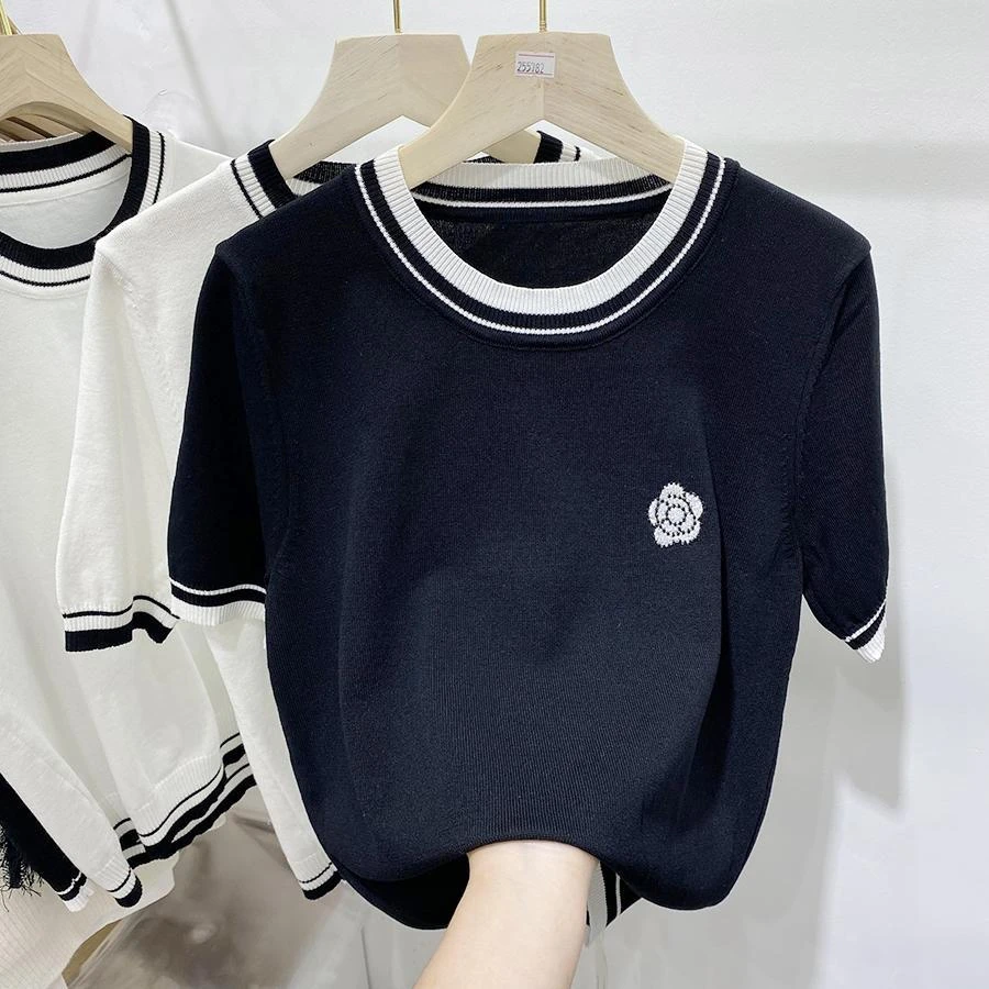 撞色冰丝绣花针织短袖t恤2025夏季新款韩版大码胖mm宽松显瘦上衣