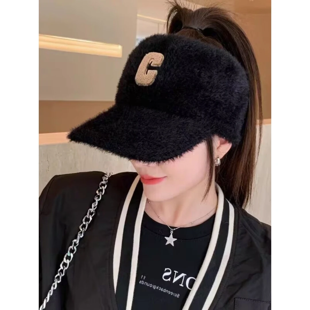 帽子女秋冬季韩版百搭空顶可扎马尾鸭舌帽加绒加厚保暖针织毛线帽