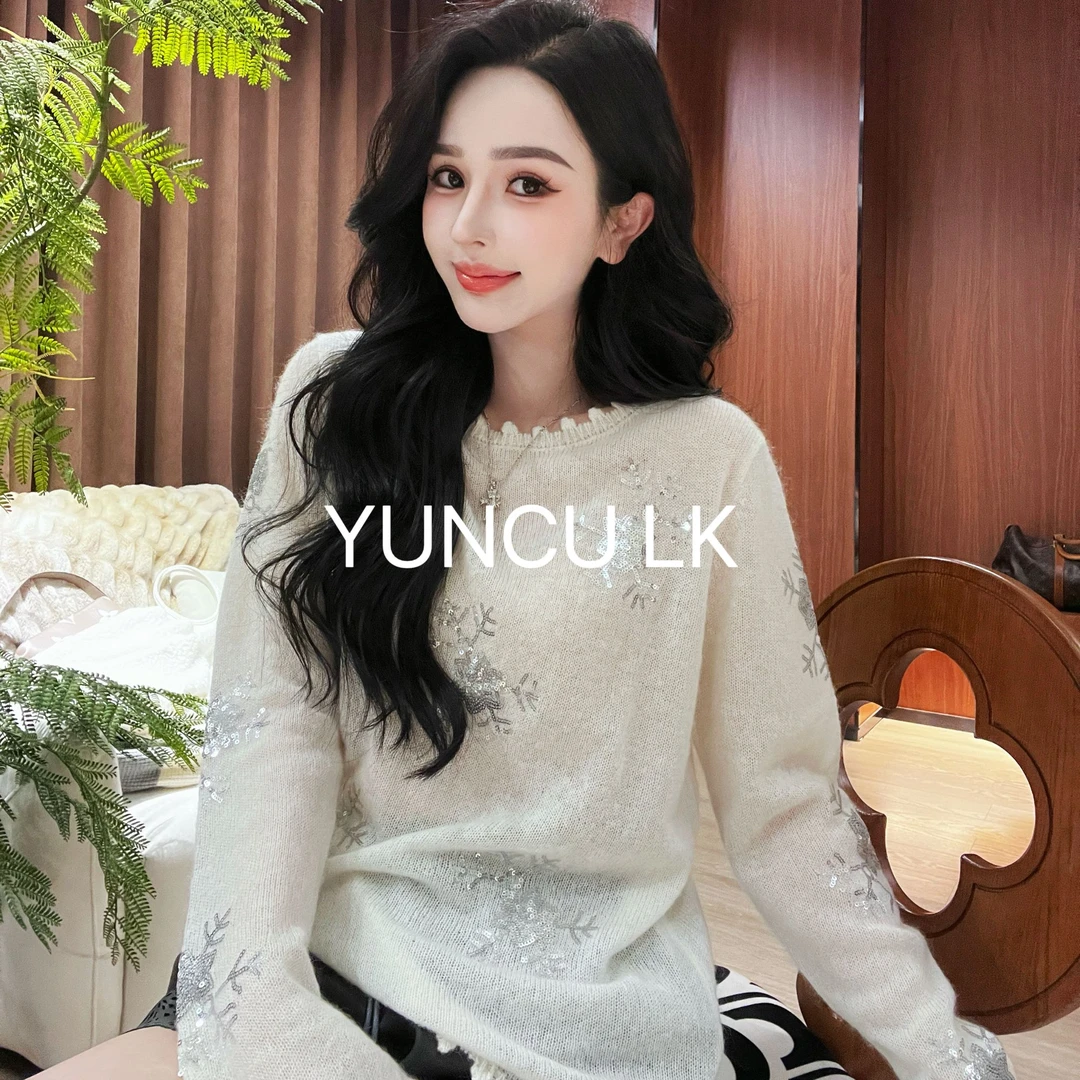 25ss允初秋冬 亮片重工设计雪花针织衫套头毛衣女YUCNU-9120