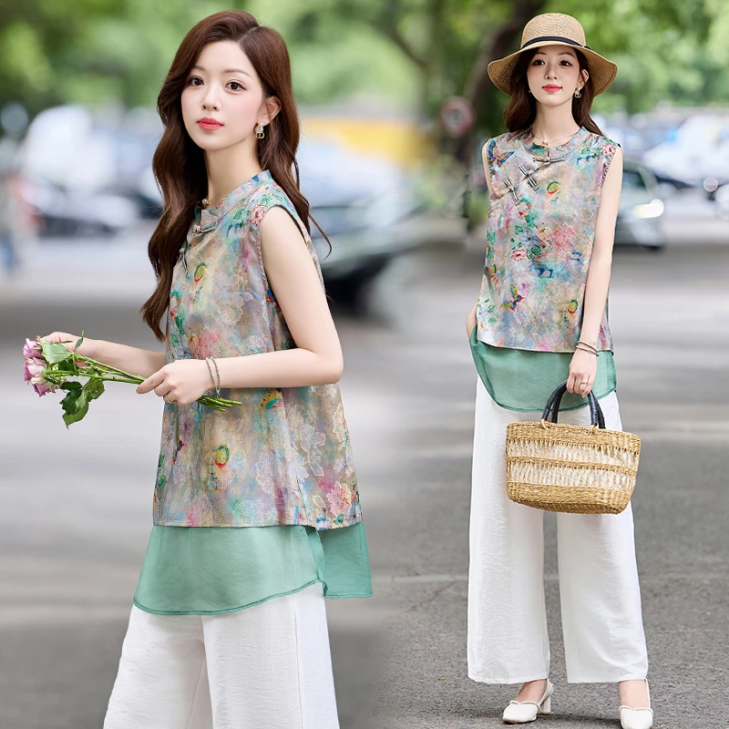 中式国风套装女高级复古印花衬衫减龄显瘦阔腿裤夏季爆款旗袍