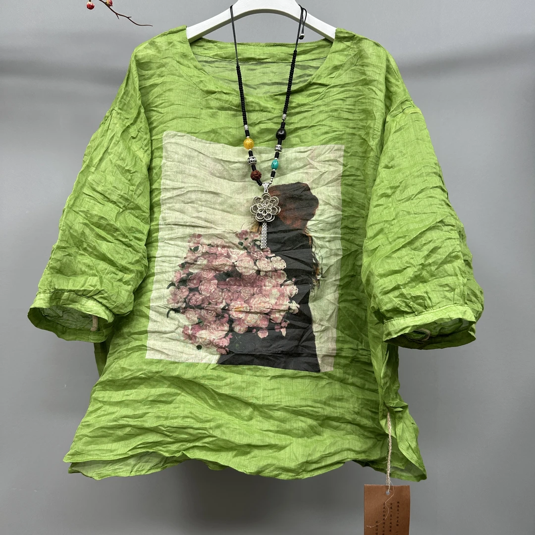 【语禾】3165纯苎麻印花青春洋气大版套头小衫（衣长66胸围134）