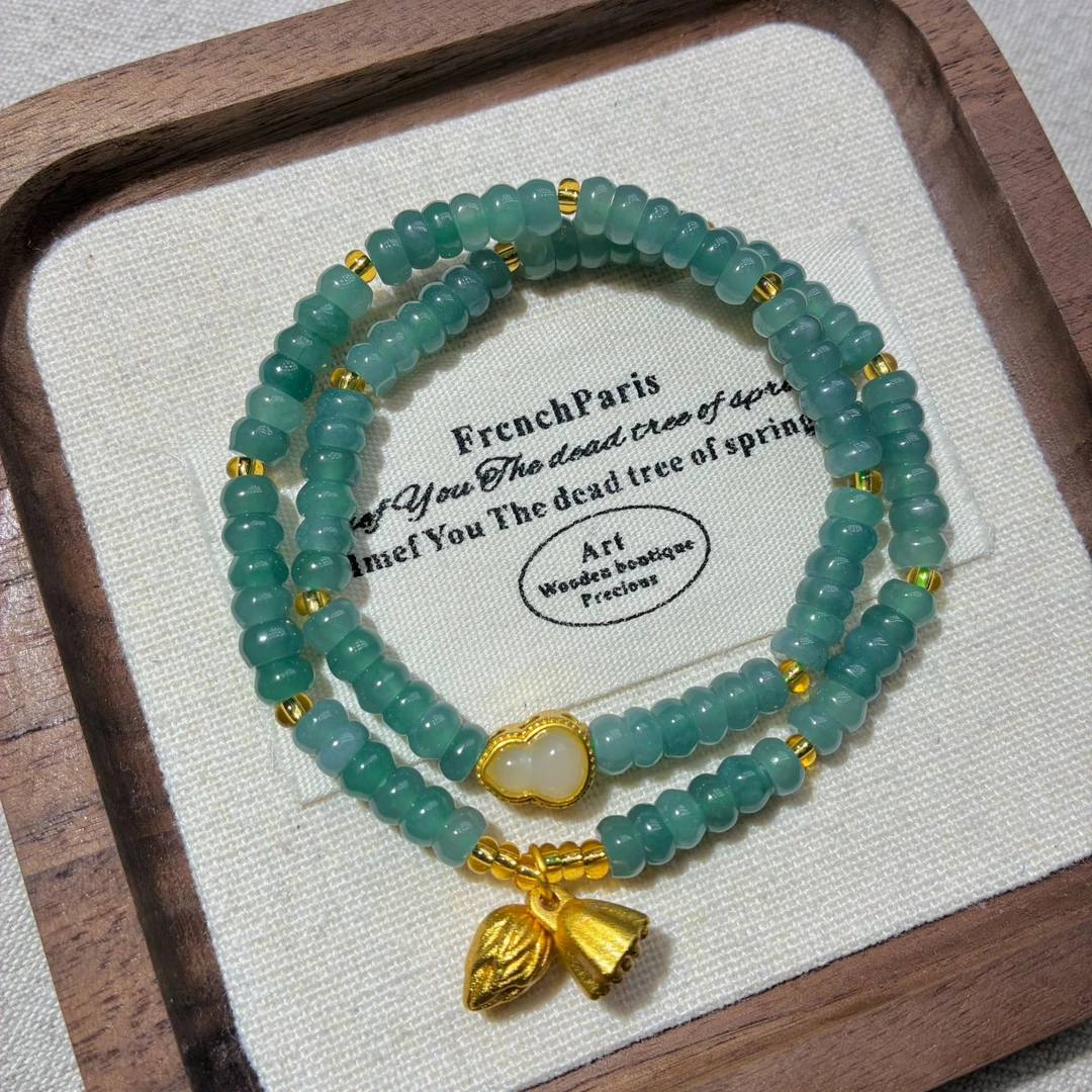 天然A货翡翠手串天然蓝水小葫芦金镶玉手串一-100615