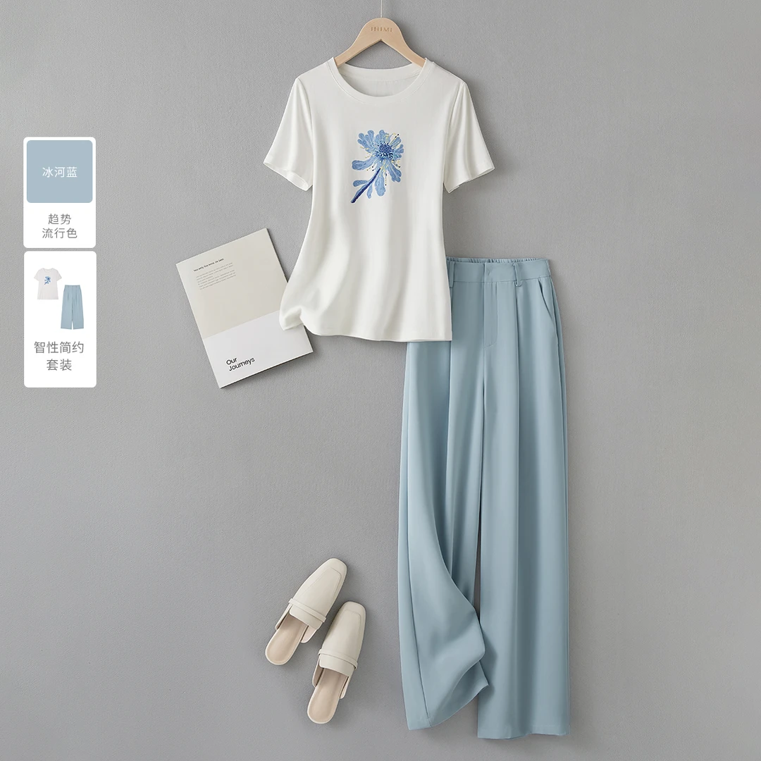 印花珠绣T恤+休闲垂感直筒裤2025夏季简约休闲套装女