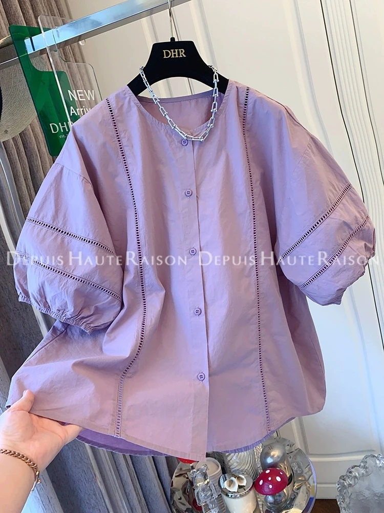 纯棉衬衫紫色洋气法式宽松型夏季短袖衬衫设计感显瘦休闲百搭衬衣