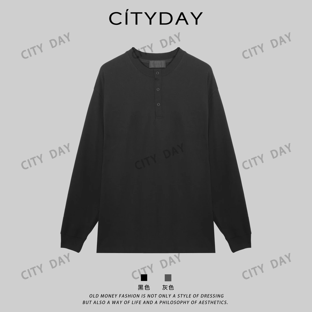 CityDay【灰叔】100棉-高支静奢亨利领长袖廓形极简T恤 990193