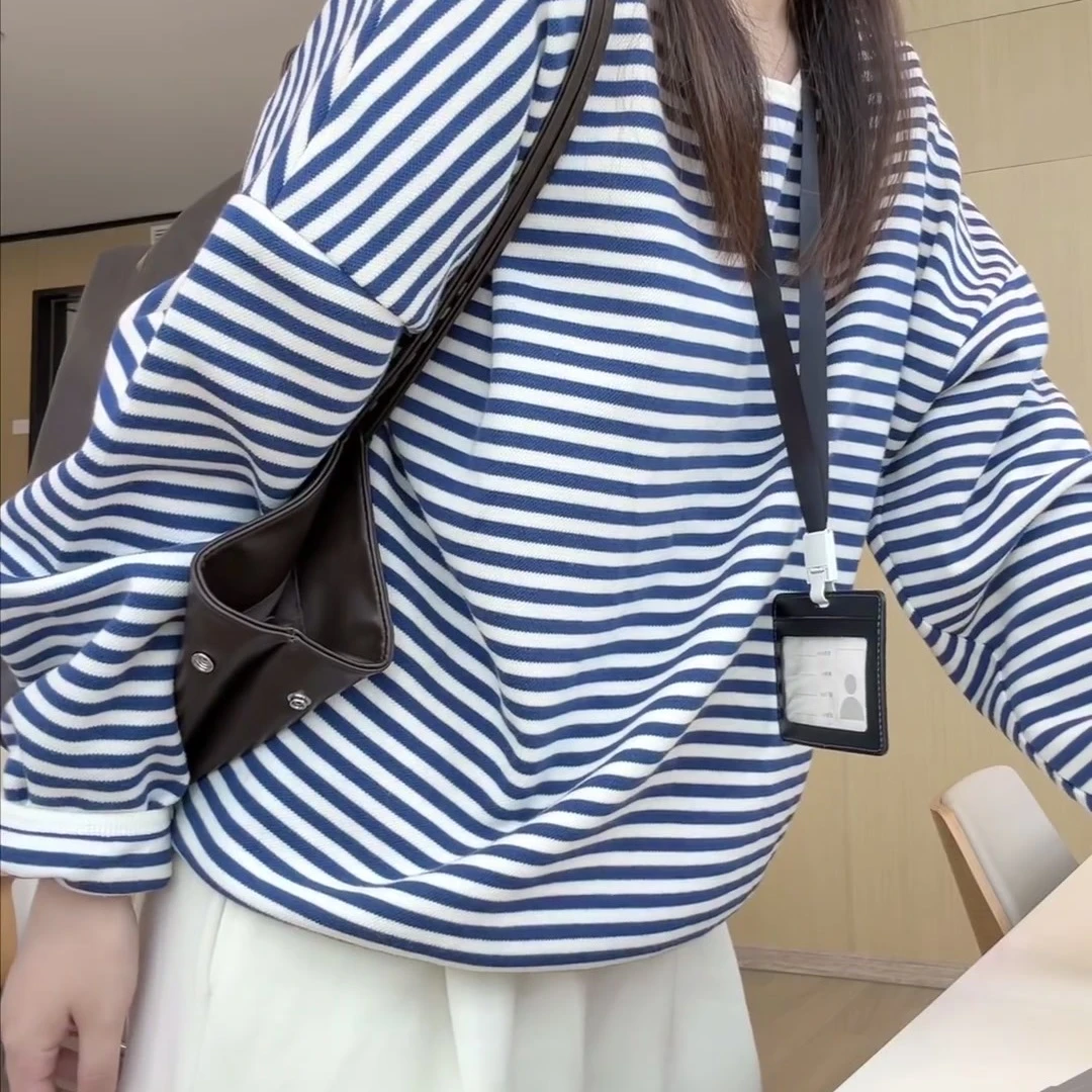 韩系条纹卫衣女宽松休闲时髦百搭显瘦长袖圆领套头上衣潮2025秋冬