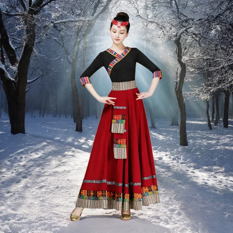 藏族舞蹈演出服装女成人广场舞新款套装艺考练习民族跳舞半身裙子