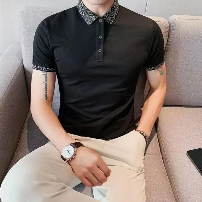 2025新款夏季男士翻领短袖polo衫潮流潮牌纯色带领男t恤修身