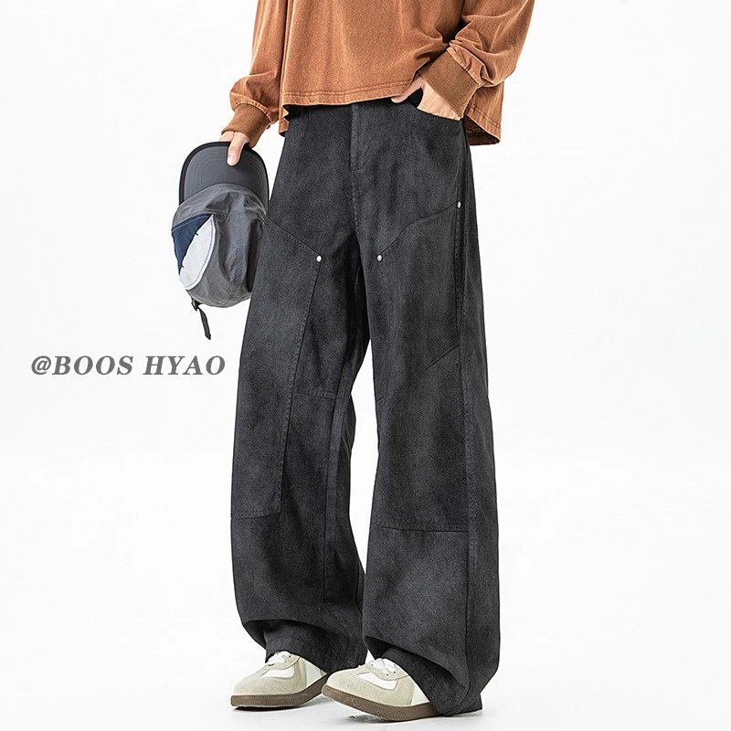 美式复古纯棉休闲裤男款2025秋季新款潮流百搭宽松脏染阔腿直筒裤