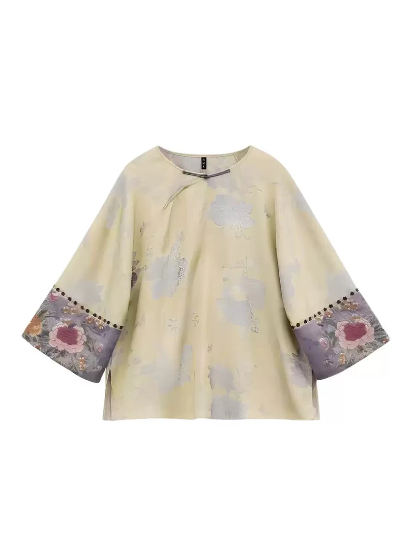 【紫云飞渡】千椿物喜原创民族风新中式复古刺绣盘扣圆领短上衣衬衫