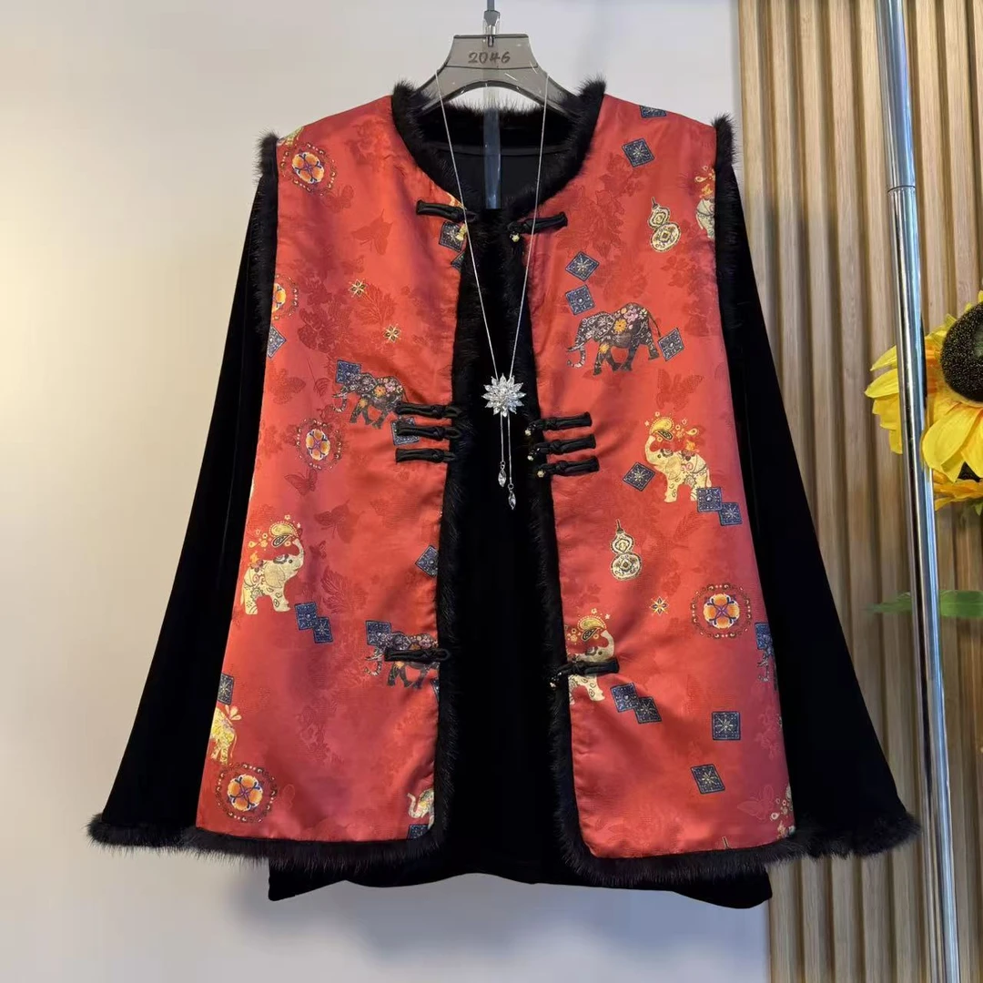 新中式大码葫象提花拼接加棉胖妹妹马甲女2025冬季新款高圆领坎肩