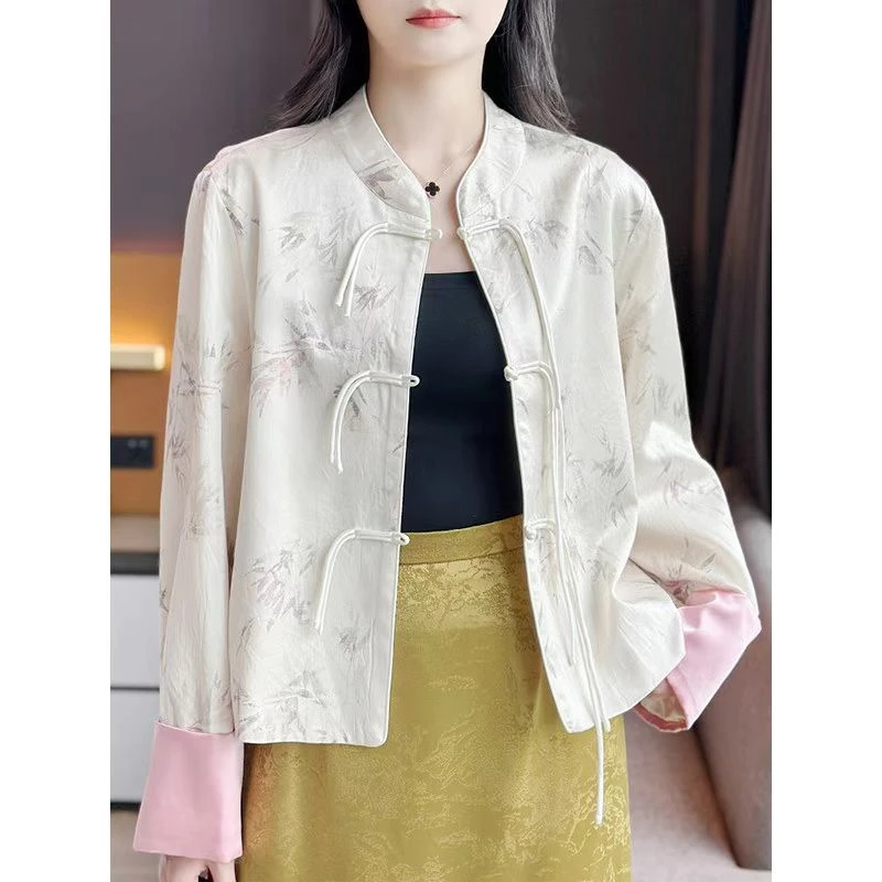 中式流苏盘扣竹叶提花醋酸薄款外套女短款改良唐装上衣