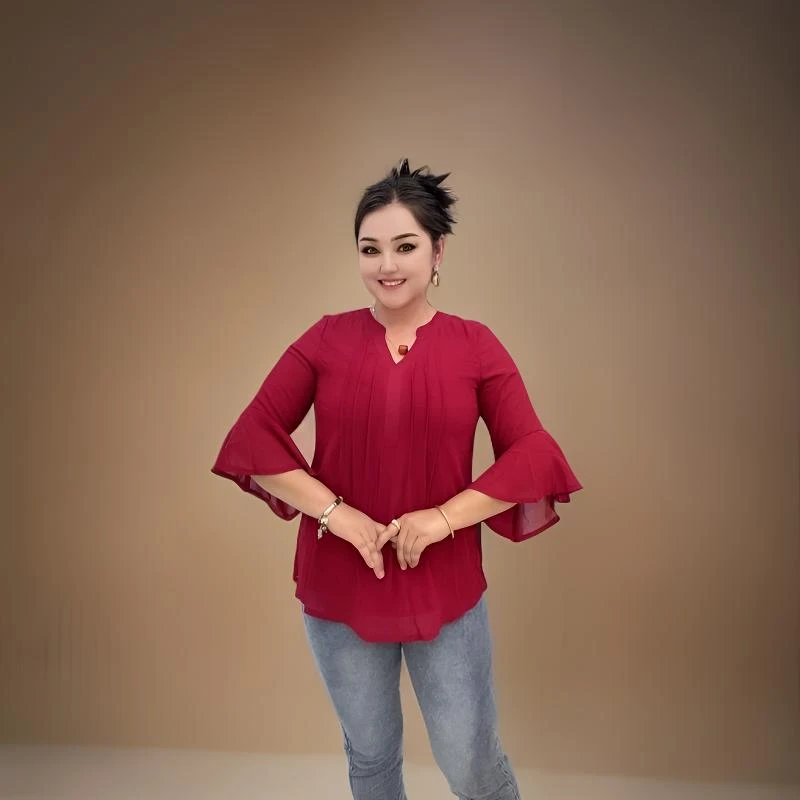 纯色宽松型七分袖V领衬衫打底衫休闲立领汉服长袖大码衬衣女士