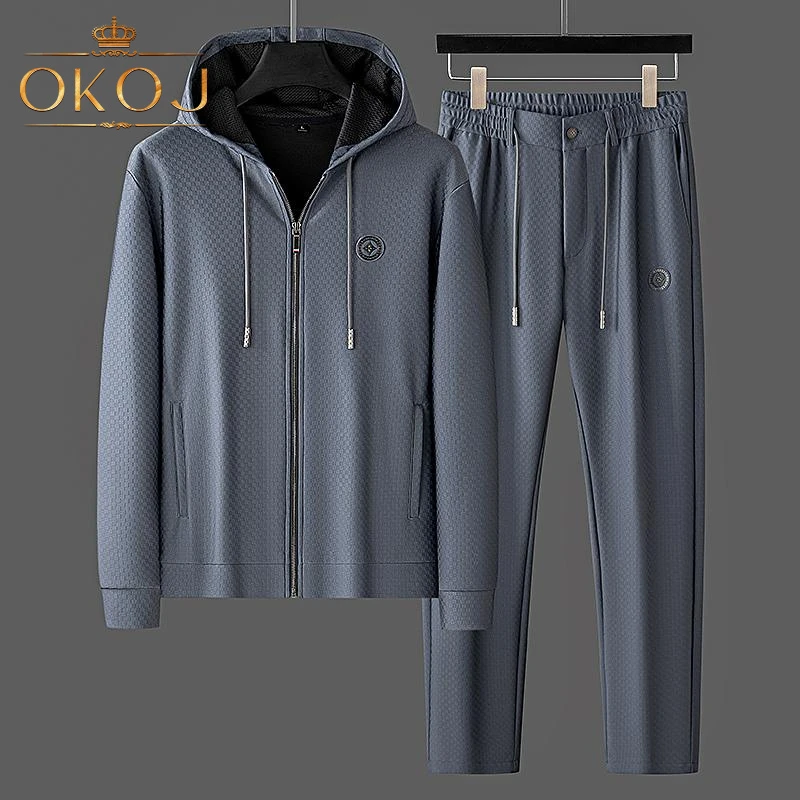 OKOJ休闲运动套装男时尚高端小格针织秋季新款连帽卫衣中年两件套