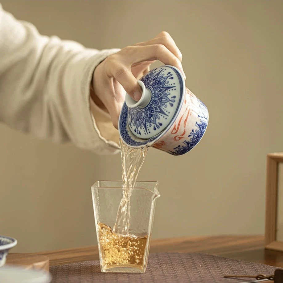 敦煌印象景德镇手工敦煌三兔飞天马蹄三才防烫手盖碗釉下彩