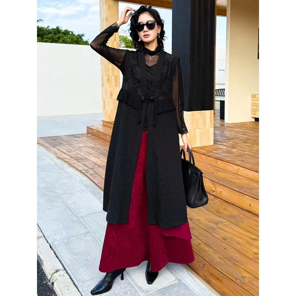 50215中式国风提花盘扣马甲秋冬宽松显瘦遮肉中长款坎肩马夹外搭