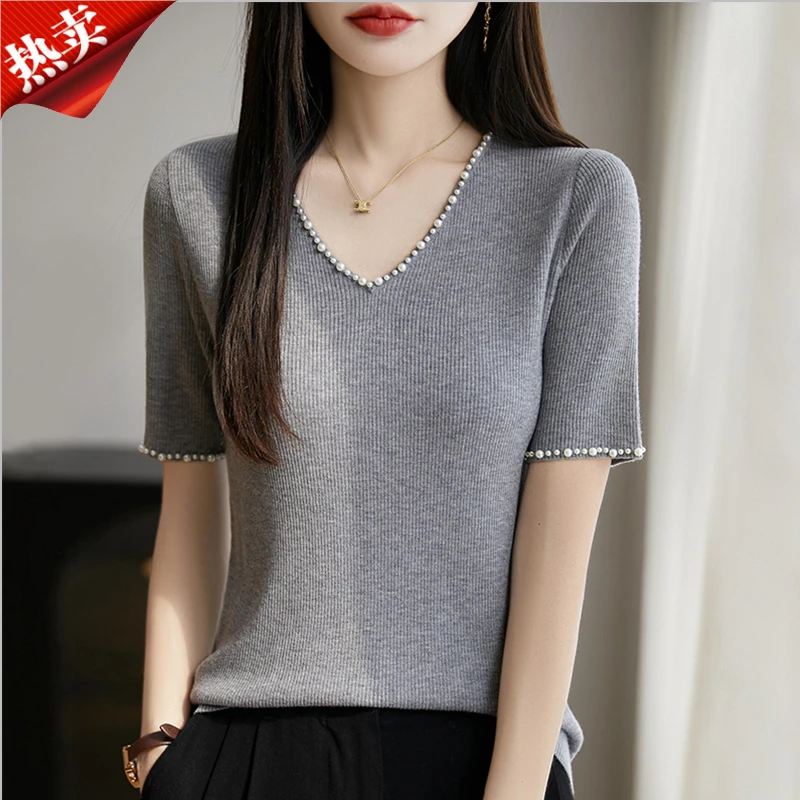 2025新款极简法式珍珠v领短袖针织衫气质百搭上衣小衫夏季