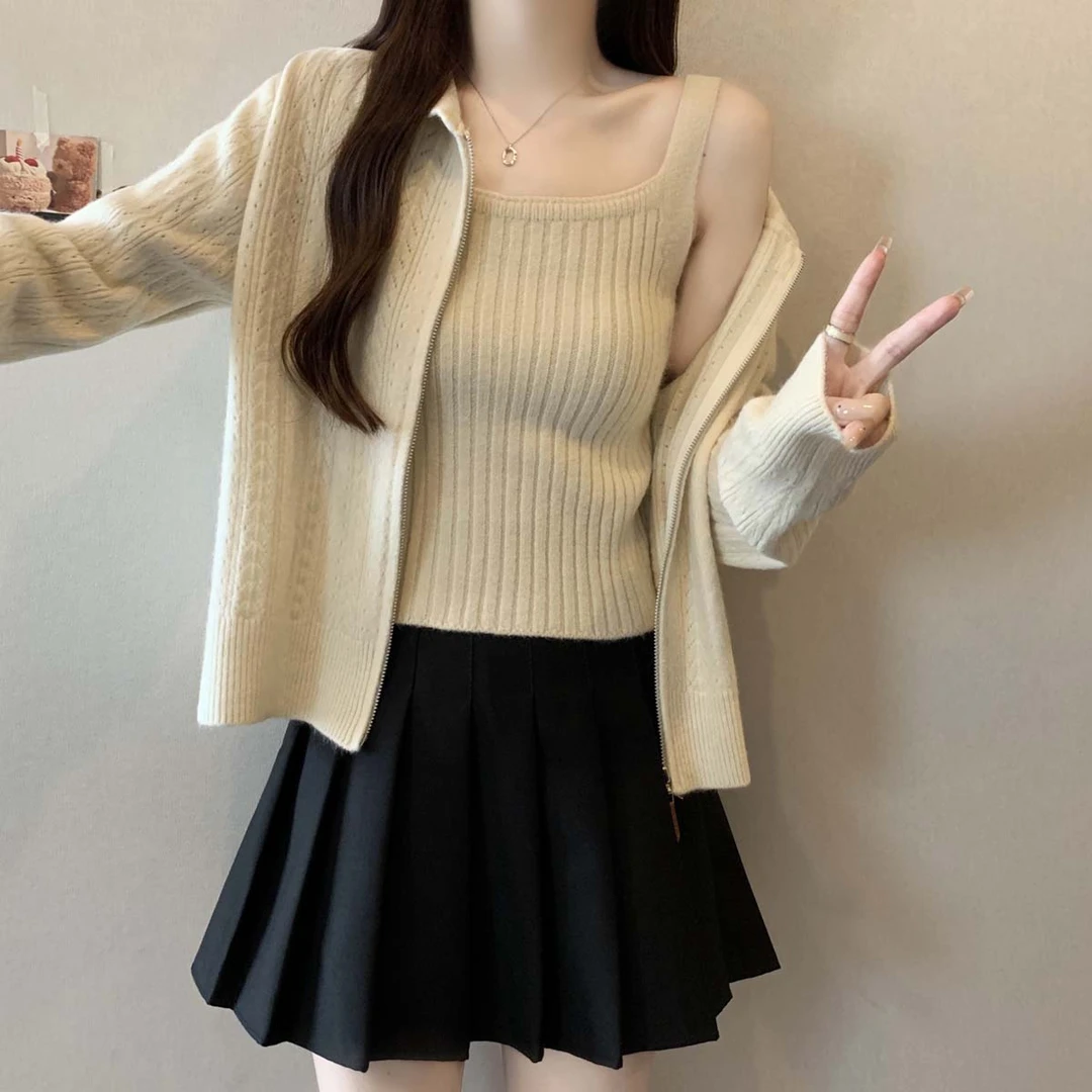 大码胖mm秋季新款时尚修身显瘦吊带背心百搭长袖针织开衫两件套女