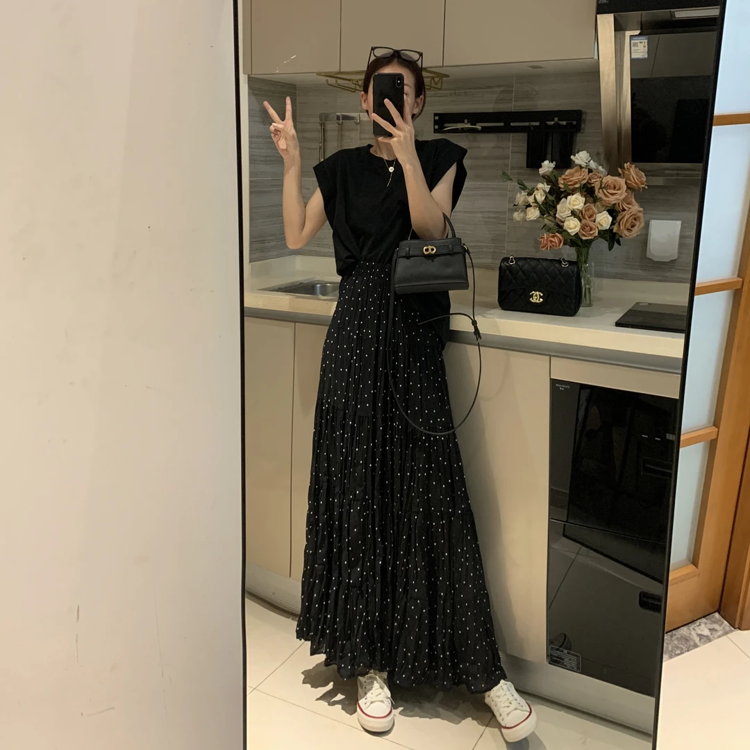 波点半身裙2025夏季高腰松紧显瘦百搭垂感褶皱大摆中长款半身裙女
