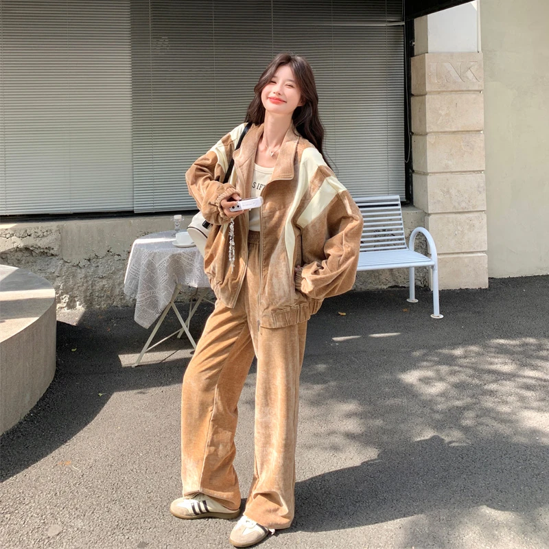 盐系甜酷风撞色卫衣休闲裤女2025秋冬新款小众韩系风设计感两件套