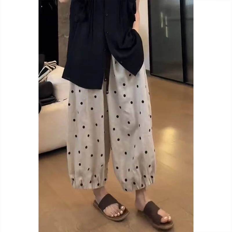 韩系波点休闲裤女简约夏季新款梨形身材遮肉宽松阔腿裤大码直筒裤