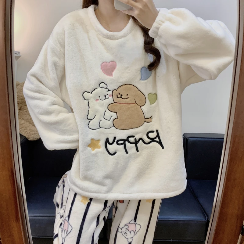 秋冬季珊瑚绒睡衣女加厚保暖可爱套装加大码胖MM宽松法兰绒家居服