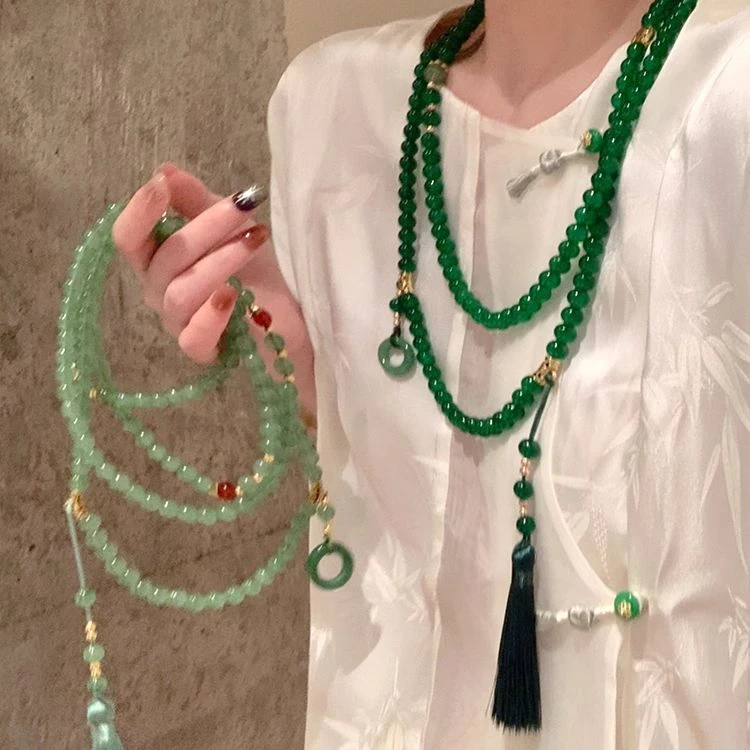 合金琉璃项链 新中式平安扣流苏串珠斜挎链长款项链国风古风