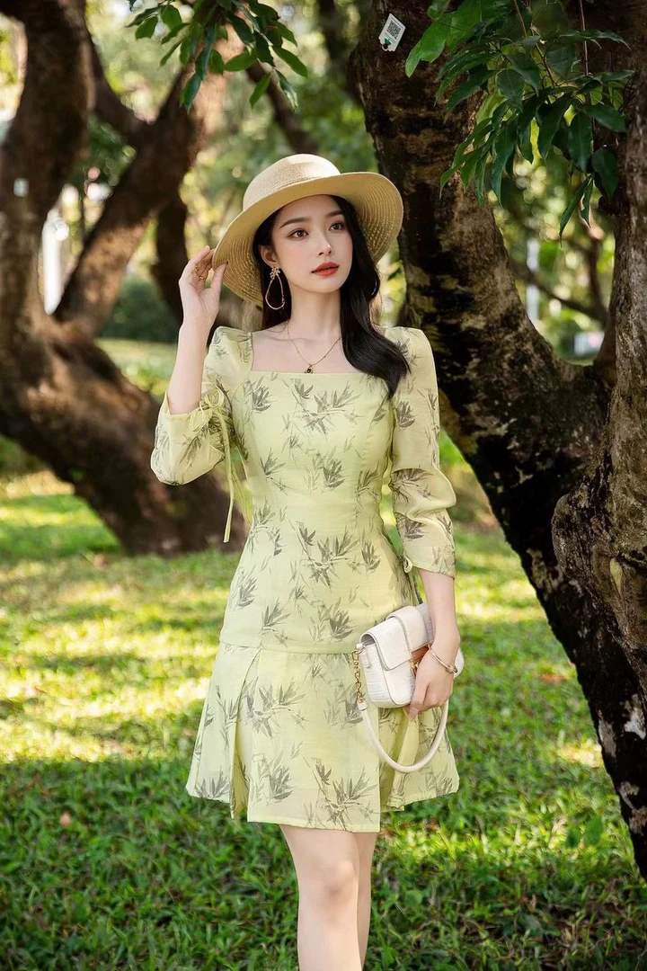 S-XL南油夏季重磅天丝法式方领水墨画复古连衣裙SH40