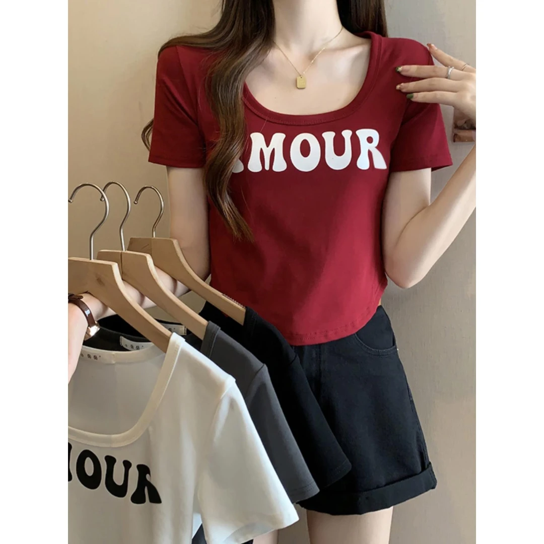 大码女装204夏季新款胖mm遮肚上衣藏肉显瘦美式短款方领短袖t恤